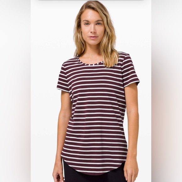 lululemon athletica Striped Short Sleeve Tee - Maroon and White - Picture 1 of 5